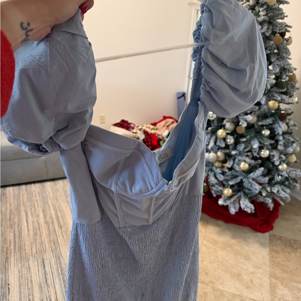 Oh Polly Size 10 Light Blue Ruched Dress with Puff Sleeves